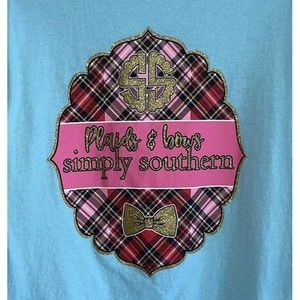 Simply Southern Girls Tshirt Youth M Long Sleeves Blue Gold Glitter Plaid Bows